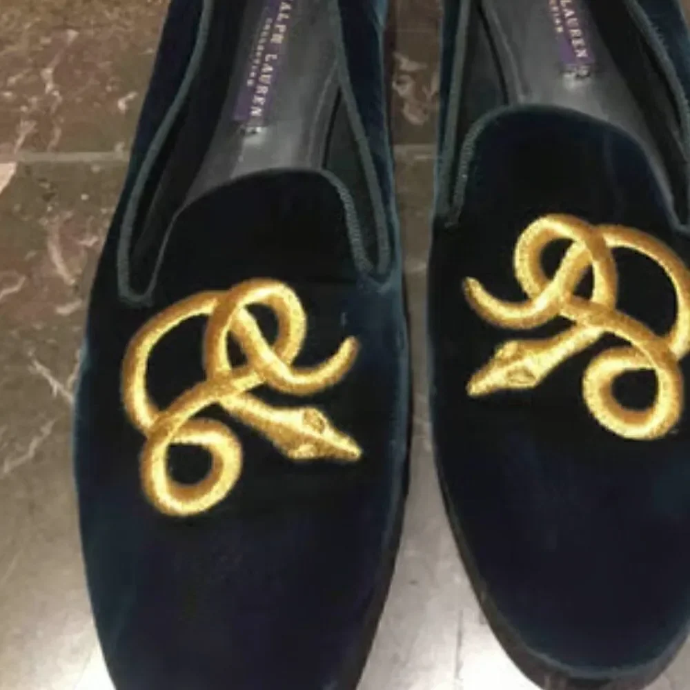 Ralph Lauren Collection Black Velvet Gold Bullion Embroidered Snake Slipper